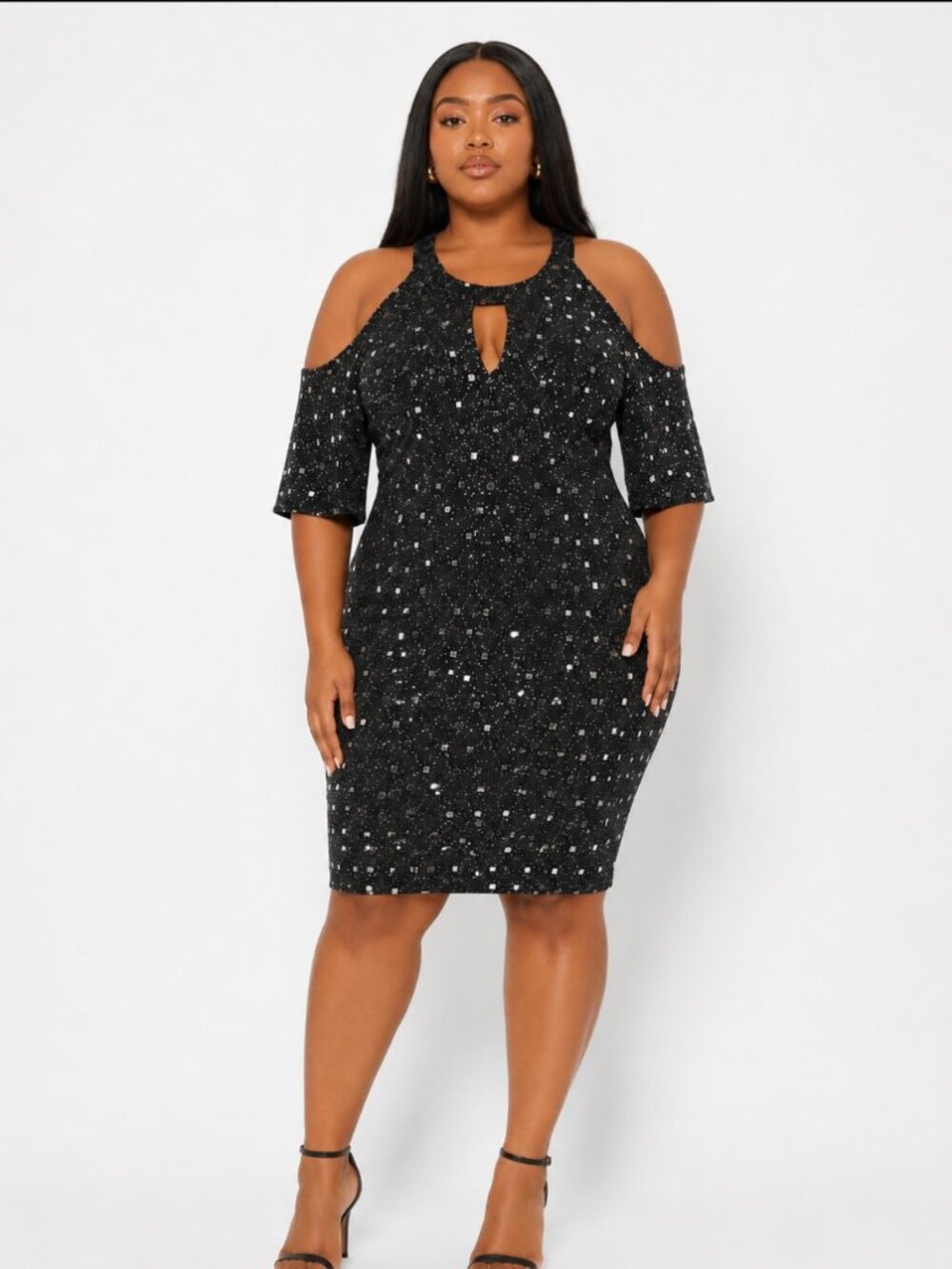 R&M Richards women's Sparkle cold shoulder Dress Size 14W Black glitter midi.